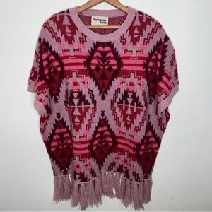 Savanna Jane Pink Sweater Aztec Fringe Southwest Size Med Oversized Short Sleeve